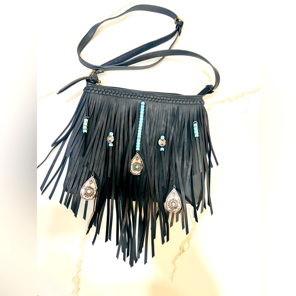 Crossbody fringe bag, turquoise, embellishments